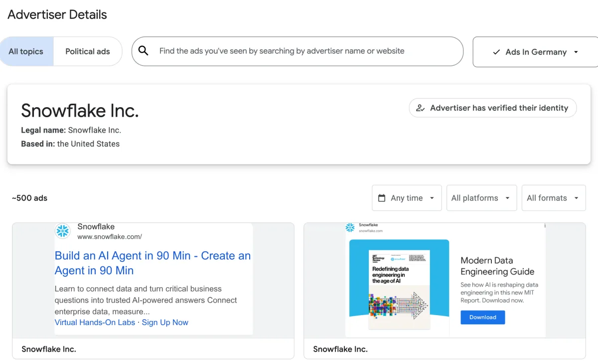 An advertiser page in the Google Ads Transparency Center: verified legal name and country, about 500 ads in Germany, the date, platform and format filters, and a grid of text and image ads