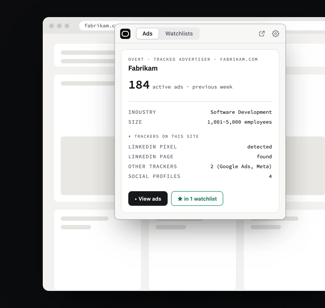 The extension on an advertiser’s website: 184 active ads the previous week, a LinkedIn pixel and two other ad trackers found on the site.