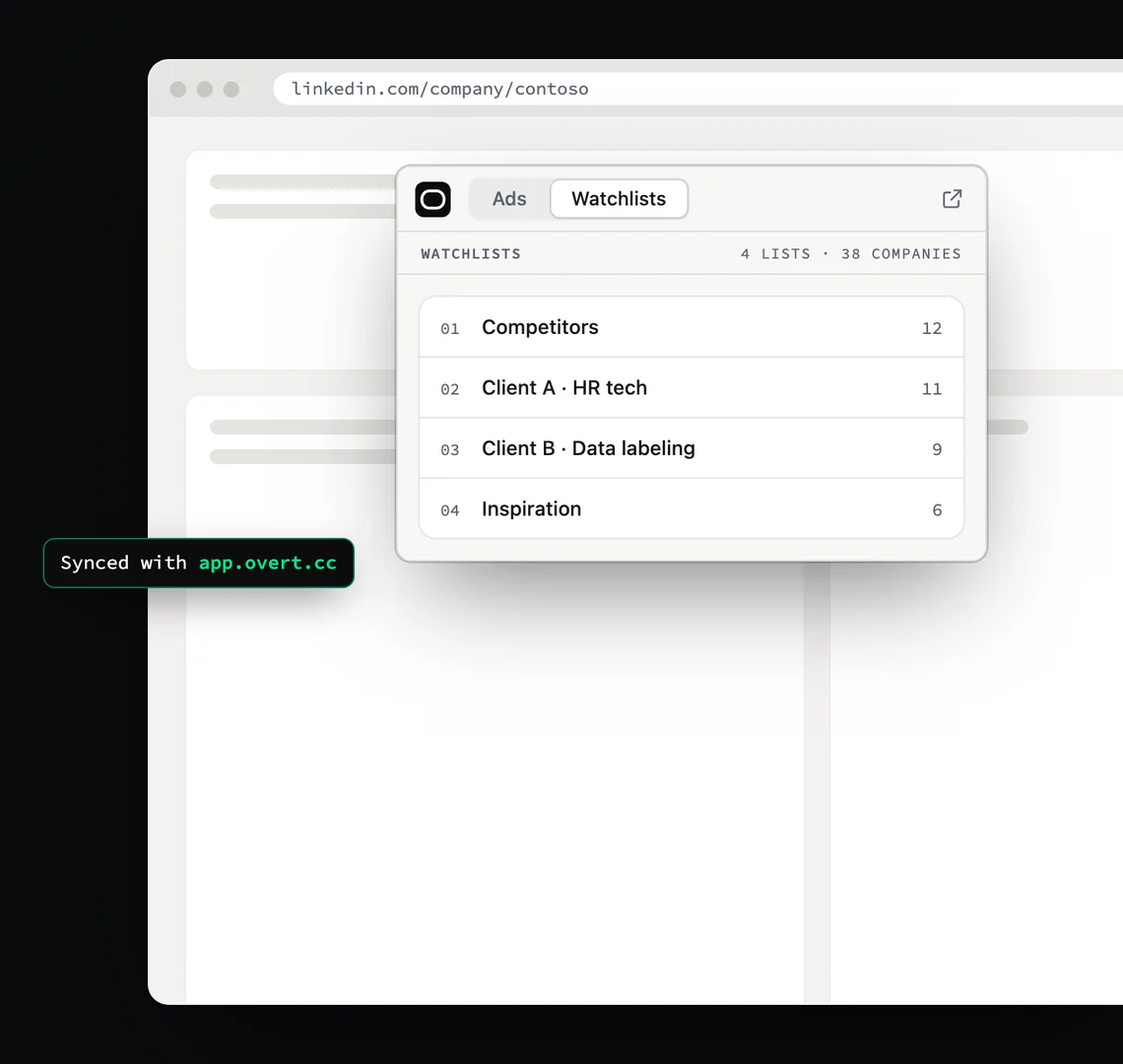 The extension’s watchlists: four lists, 38 companies, synced with app.overtintelligence.co.